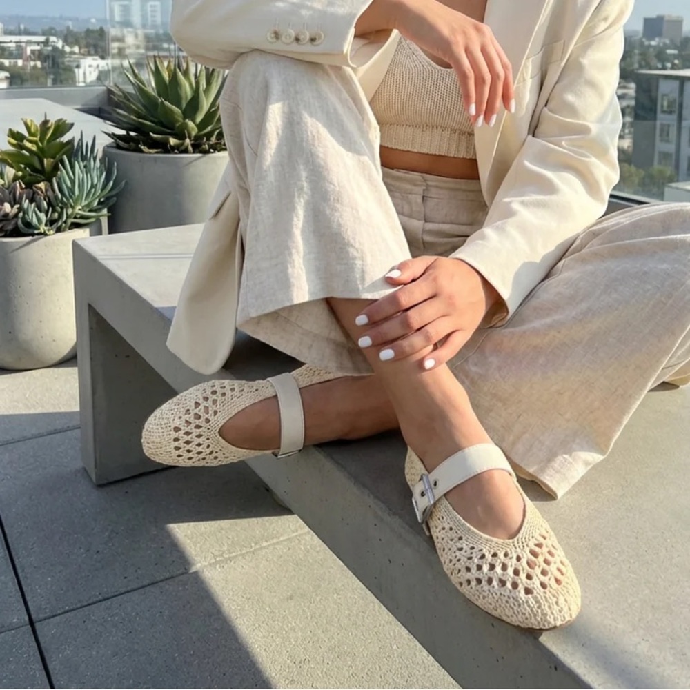 Woven Crochet Mary Jane Flats in Cream